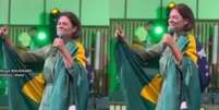 Michelle Bolsonaro usava a bandeira do BRasil nas costas  Foto: Reprodução/Facebook