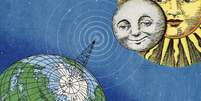 ilustração da terra, com uma antena, além do sol e da lua  Foto: Emmanuel Lafont / BBC News Brasil