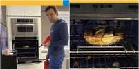 Tadeu Schmidt precisou usar extintor para apagar 'Incêndio' no forno'  Foto: Reprodução