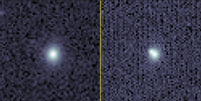 À esquerda, uma imagem da galáxia onde a supernova SN2023tyk ocorreu; à direita, a região da galáxia onde houve a explosão, agora com formato distorcido (Imagem: Reprodução/Legacy Surveys/D. Lang (Perimeter Institute) for Legacy Surveys layers and unWISE/NASA/JPL-Caltech/D. Lang (Perimeter Institute))  Foto: Canaltech