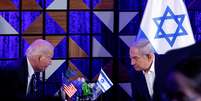O presidente dos EUA, Joe Biden, durante encontro com o primeiro-ministro israelense Benjamin Netanyahu em visita a Tel Aviv, Israel (18/10/2023)
   Foto: Reuters