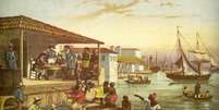 Pintura de Rugendas mostra Cais de Valongo, principal mercado de escravizados, no Rio de Janeiro  Foto: IPHAN / BBC News Brasil