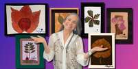 Regina Duarte diante de algumas das obras: carreira de artista plástica dá um salto em pouco tempo  Foto: Fotomontagem: Blog Sala de TV