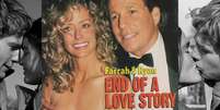 Ao centro, uma capa da 'People' anunciando o fim da história de amor entre Farrah Fawcett e Ryan O'Neal; nas laterais, o casal do filme 'Love Story'  Foto: Reproduções