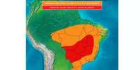 Na área em vermelho a onda de calor aponta mais de 5°C acima da média; a área em laranja indica dias de 3 a 5°C mais quentes  Foto: Reprodução/Climatempo / Perfil Brasil