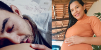 O pai, Rafael, beija a barriga da mãe, Ana Beatriz, que aparece ao lado  Foto: Arquivo Pessoal/Rafael Martins