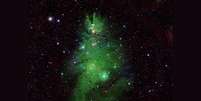 Imagem de aglomerado de estrelas em formato de árvore de Natal  Foto: Nasa