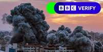 Imagem de bombardeio com logo da BBC Verify  Foto: BBC News Brasil