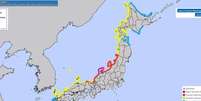 Regiões costeiras com alertas de tsunamis  Foto: Reprodução/Agência Meteorológica do Japão / Perfil Brasil