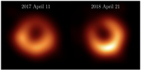Novas imagens do M87* feitas em abril de 2018, um ano após observações de 2017  Foto: Colaboração Event Horizon Telescope (EHT)