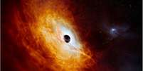 Arte: O núcleo brilhante do J0529-4351 é alimentado por um buraco negro supermassivo  Foto: ESO / BBC News Brasil