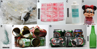 Entre os resíduos encontrados em São Paulo, estão: plásticos (A-E), metal (F, G, J), vidro (H, I), couro (K), borracha (L), pintura de embarcação (M) e cano de ferro (N)  Foto: Reprodução/Marine Pollution Bulletin