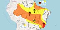 Há alertas de 'Grande Perigo' [vermelho], 'Perigo Potencial' [amarelo] e 'Perigo' [laranja] em diversas áreas pelo Brasil. Alertas seguem até domingo, 24  Foto: Reprodução/Inmet