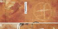 ( D ) e ( F ) mostram pegadas próximas a pinturas rupestres. Barras de escala = 10 cm.  Foto: Troiano et al., Scientific Reports 2024