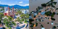 Cidade de Encantado (RS) antes e depois de ser tomada pela água Foto: Prefeitura de Encantado/REUTERS-Diego Vara