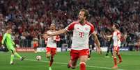 Harry Kane (Bayern de Munique) celebrando seu gol contra o Real Madrid no dia 30.04.2024 Foto: Diebilderwelt / Alamy Stock Photo