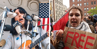 À esquerda, a cantora Joan Baez em protesto contra a Guerra do Vietnã em 1968. À direita, uma manifestante pró-Palestina há poucos dias em Nova York.  Foto: Getty Images/Reuters / BBC News Brasil