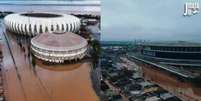Fotos: Reprodução / Internet - Legenda: CTs de Inter e Grêmio completamente alagados pelas chuvas que atingiram o Rio Grande do Sul  Foto: Jogada10