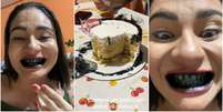 Mulher viraliza ao mostrar dentes pretos após comer bolo com corante escuro  Foto: Reprodução/Tiktok/@isaumagarota