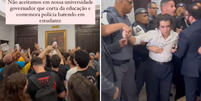 Em vídeos, que estão circulando nas redes sociais, é possível ver militares empurrando alunos e segurando um dos manifestantes Foto: Reprodução/Instagram
