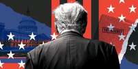 Ilustração nas cores da bandeira dos EUA com Trump de costas com o capitólio ao fundo e uma pasta com carimbo de documentos secretos  Foto: BBC News Brasil