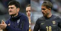 Paul Ellis/AFP via Getty Images - Legenda: Maguire e Grealish s&atilde;o os medalh&otilde;es cortados da Inglaterra  Foto: Jogada10