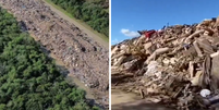 Dois meses após enchente no RS, parque de Canoas acumula montanha de lixo   Foto: Montagem/Reprodução/@SOSSarandi