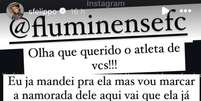 Samara Felippo expõe mensagem ofensiva de atleta do Fluminense. Foto: @sfelippo via Instagram / Estadão
