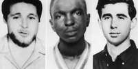 Da esquerda para a direita: Michael Schwerner (24 anos), James Chaney (21) e Andrew Goodman (20), os ativistas dos direitos civis do CORE assassinados por membros da Ku Klux Klan em 1964  Foto: Getty Images / BBC News Brasil