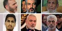 No sentido horário, a partir do canto superior esquerdo: Marwan Issa; Khaled Meshaal; Mahmoud Zahar; Yehiya Sinwar; Ismail Haniyeh; Mohammed Deif  Foto: Reprodução / BBC News Brasil