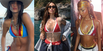 Sobreposição com três biquínis está na moda? Nova tendência conquista Bianca Andrade, Tyla e mais famosas.  Foto: Instagram, Livia / Bianca Andrade / Tyla / Purepeople