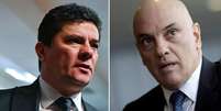 Colagem de fotos de Sergio Moro e Alexandre de Moraes; eles estão olhando para o lado, com olhar sério  Foto: EPA/Reuters / BBC News Brasil