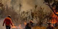 Brigadistas do Instituto Brasília Ambiental e Bombeiros do Distrito Federal combatem incêndio em área de cerrado próxima ao aeroporto de Brasília. Foto: Marcelo Camargo/Agencia Brasil / Estadão