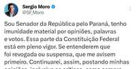 Senador Sérgio Movo (União-PR) continuo usando o perfil na rede social bloqueada, segundo ele, por meio de um "correspondente" nos Estados Unidos.  Foto: @SF_Moro via X (Twitter) / Estadão