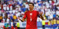 Robert Lewandowski (Polônia) comemorando seu gol contra a França, no dia 25.06.2024 Foto: Maciej Rogowski / Alamy Stock Photo