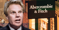 Uma imagem composta apresentando Mike Jeffries, um homem com cabelo loiro e usando um terno, em frente a uma loja com o logotipo da Abercrombie & Fitch ao fundo  Foto: AP / Getty Images / BBC News Brasil