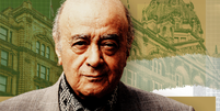 Foto de Mohamed Al Fayed, com o prédio da Harrods ao fundo.  Foto: BBC News Brasil