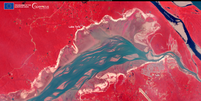 Imagem de satélite mostra o impacto da seca no Lago Tefé  Foto: Divulgação/Copernicus Sentinel-2