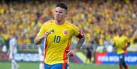 James Rodríguez (Colômbia) comemorando seu gol contra a Argentina, no dia 10.09.2024 Foto: DiaEsportivo / Alamy Stock Photo