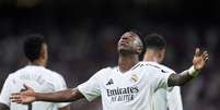 Vinicius Junior, do Real Madrid, comemora após marcar gol de seu time durante a partida da LaLiga EA Sports.   Foto: Getty Images