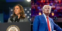 Kamala Harris e Donald Trump apareceram empatados tecnicamente na última pesquisa Reuters/Ipsos  Foto: Reprodução/Instagram @kamalaharris e @realdonaldtrump