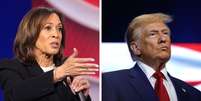 Kamala Harris e Donald Trump aparecem empatados em pesquisa de intenção de voto  Foto: Montagem: Andrew Harnik/Getty Images e Anna Moneymaker/Getty Images