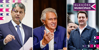 Os governadores Tarcísio de Freitas, de São Paulo, Ronaldo Caiado, de Goiás, e Ratinho Júnior, do Paraná, conseguiram eleger seus apadrinhados políticos  Foto: Getty, Governo de Goiás e Agência Brasil / BBC News Brasil