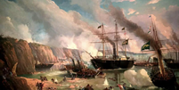 Quadro do pintor italiano Eduardo de Martino retratando navios brasileiros na Batalha do Riachuelo, a mais sangrenta da Guerra do Paraguai, responsável pelo pico histórico dos gastos do Brasil com defesa: mais de 60% do orçamento nacional, entre 1862 e 1870. Reprodução - Wikimedia Comkons , CC BY  Foto: The Conversation