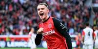 Florian Wirtz (Bayer Leverkusen) comemorando seu gol contra o Eintracht Frankfurt, no dia 19.10.2024 Foto: Powerpics / Alamy Stock Photo