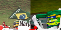 Hamilton (à direita) reproduz gesto de Ayrton Senna (à esquerda) durante homenagem no GP de SP Foto: Reprodução