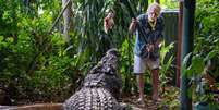 George Craig alimenta o maior crocodilo em cativeiro do mundo, Cassius, no Marineland Melanésia, na Ilha Verde, Grande Barreira de Corais, Cairns, Austrália  Foto: Brian Cassey via REUTERS
