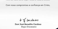 Nota oficial divulgada pela Diocese de Catanduva  Foto: Reprodução