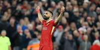 Mohamed Salah (Liverpool) celebrando seu gol contra o Brighton, no dia 02.11.2024 Foto: Andrew Orchard sports photography / Alamy Stock Photo