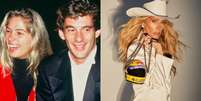 Adriane Galisteu e Ayrton Senna e a apresentadora usando a bolsa de capacete  Foto: Divulga&ccedil;&atilde;o e Reprodu&ccedil;&atilde;o / Instagram / Manequim